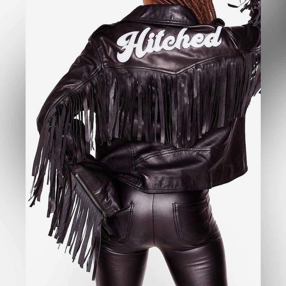 Black Leather Fringe Bridal Jacket Medium